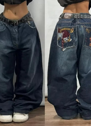 Jeans larghi ricamati modello Joker di tendenza della moda americana Donna Street Y2K Nuovi pantaloni a gamba larga oversize Hip Hop Jeans unisex