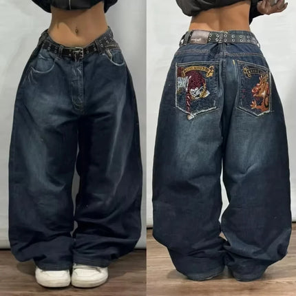 Jeans larghi ricamati modello Joker di tendenza della moda americana Donna Street Y2K Nuovi pantaloni a gamba larga oversize Hip Hop Jeans unisex