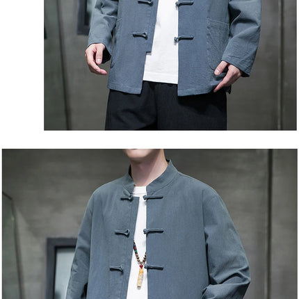 Camicie da uomo stile cinese retrò lino cotone tinta unita vestito Tang top cardigan uomo casual Kung Fu Tai Chi camicette da uomo abbigliamento