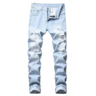 Casual Men's Light Blue Denim Jeans Ripped Straight Leg Slim Fit Non-Elastic Torn Casual Style Chinese Production PlatiNum