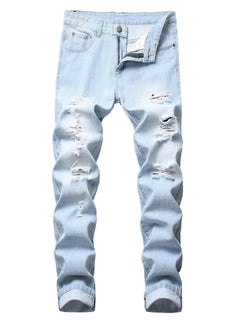 Casual Men's Light Blue Denim Jeans Ripped Straight Leg Slim Fit Non-Elastic Torn Casual Style Chinese Production