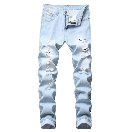 Casual Men's Light Blue Denim Jeans Ripped Straight Leg Slim Fit Non-Elastic Torn Casual Style Chinese Production PlatiNum