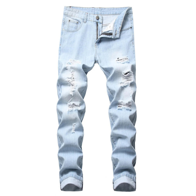 Casual Men's Light Blue Denim Jeans Ripped Straight Leg Slim Fit Non-Elastic Torn Casual Style Chinese Production PlatiNum