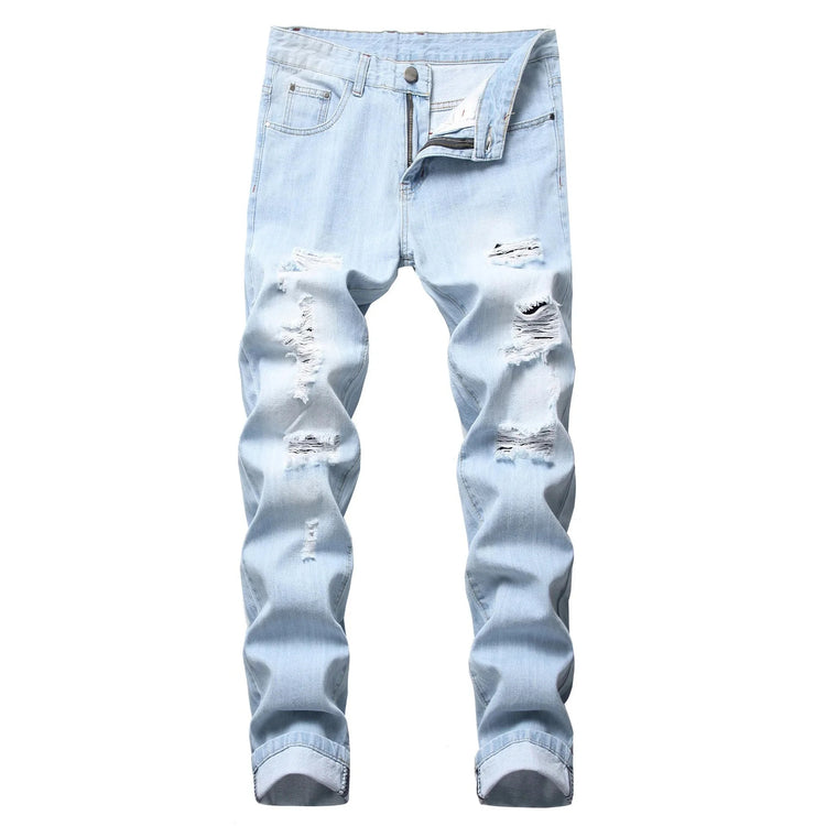 Casual Men's Light Blue Denim Jeans Ripped Straight Leg Slim Fit Non-Elastic Torn Casual Style Chinese Production PlatiNum