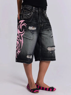 Pantaloni in denim Jeans da donna Pantaloni lunghi a gamba larga Pantaloni dritti a vita alta con foro Y2k Streetwear Stampa Jeans mamma Casual Allentati 2025
