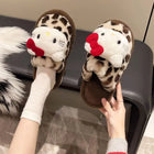 Women Cute Cartoon Cat Leopard Print Plush Slippers Warm Fuzzy Non-Slip Soft Sole Winter Indoor Bedroom Cozy House Home Shoes