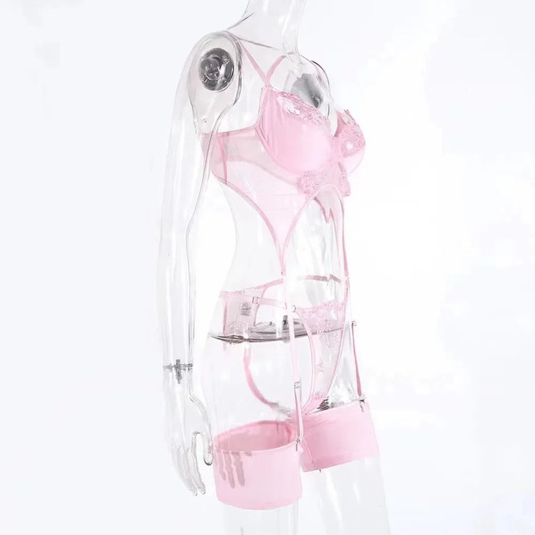 Sexy Fancy Lingerie Set Women Applique Split Underwear Beautiful Exotic Set Lace Intimate with Chain Pink Sexy Bra and Panty Set