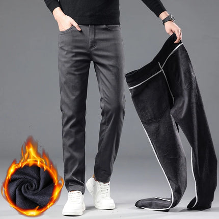 2024 New Winter Fleece Casual Pants Men's Straight Slim Thick Warm Male Business Fashion Casual Elastic Comfort Velvet Trousers