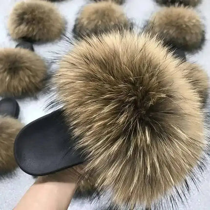 Real Raccoon Fur Slippers for Women 2023 Summer Fluffy Indoor Home Fuzzy Flat Slides Outdoor Fashion Beach Sandals Flip Flops