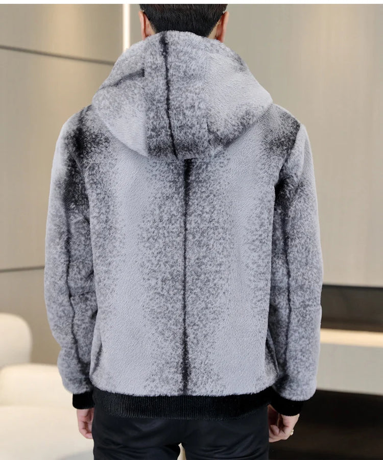 Autumn Winter Faux Fur Hooded Jacket Men Fashion Social Faux Mink Fur Casual Business Jacket Thick Warm Outdoor Windproof Coat