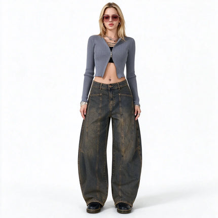 Women’s High-Waisted Wide-Leg Curved Jeans, Rust-Brown Vintage-Wash Denim with Vertical Stitching and Front Pockets, Casual Retro-Style Trousers for Everyday Wear  YW-1855