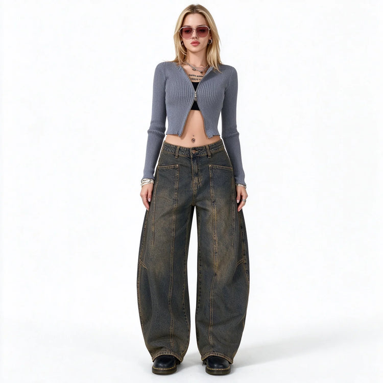 Women’s High-Waisted Wide-Leg Curved Jeans, Rust-Brown Vintage-Wash Denim with Vertical Stitching and Front Pockets, Casual Retro-Style Trousers for Everyday Wear  YW-1855