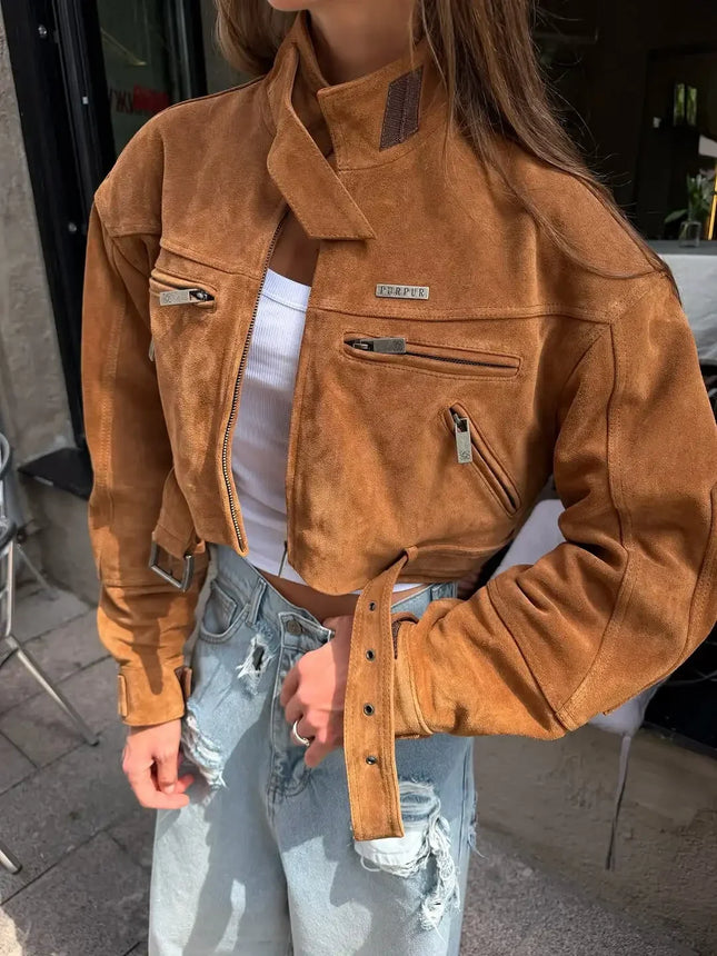 Brown Suede Leather Short Coats Women Solid Stand Collar Zipper Waist Belted Cropped Jackets 2026 Lady Autumn Y2k Casual Outwear