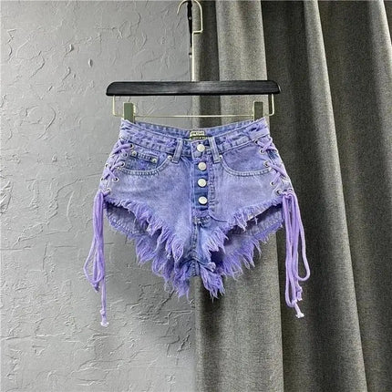 Nuovi Shorts Estivi da Donna 2026 Viola, Sexy a Vita Bassa, con Bottoni, in Denim a Trapezio con Bretelle, Hot Pants Femminili - platinumshop