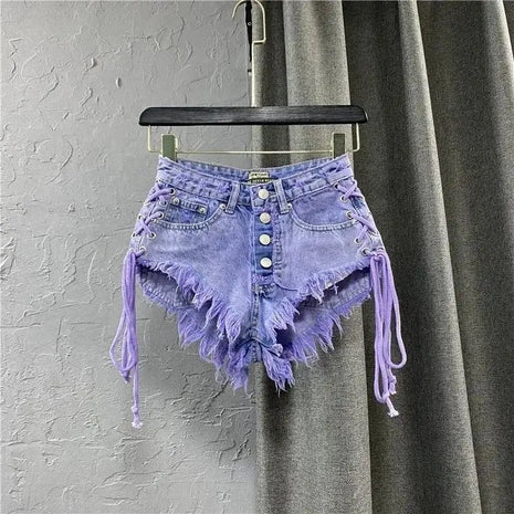 Nuovi Shorts Estivi da Donna 2026 Viola, Sexy a Vita Bassa, con Bottoni, in Denim a Trapezio con Bretelle, Hot Pants Femminili - platinumshop