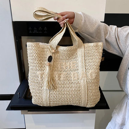 Women's Large Capacity French Style Woven Straw Bag, New Beach Vacation Crossbody Bag, Casual Commuter Tote Bag