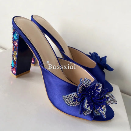 Sandali con tacco alto da donna estivi in seta blu con strass colorati e decorazioni a nodo a farfalla in cristallo per ragazze