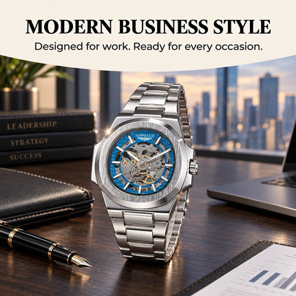 LONGLUX Men Automatic Mechanical Watch Luxury Watches Waterproof Skeleton Business Cheap Wholesale Stainless Steel Gift Watch