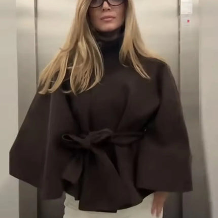 Women's Elegant Midi Cape Coat with Stand Collar Three Quarter Flared Sleeves Solid Color Belted Loose Fit Poncho For Woman