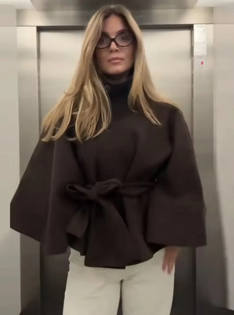 Women's Elegant Midi Cape Coat with Stand Collar Three Quarter Flared Sleeves Solid Color Belted Loose Fit Poncho For Woman