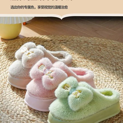 New Pink Bow Slippers Winter Women's Shoes Thick Sole Fuzzy Slippers for Home Mules Shoes Woman Fluffy Metal Bear House Slipper