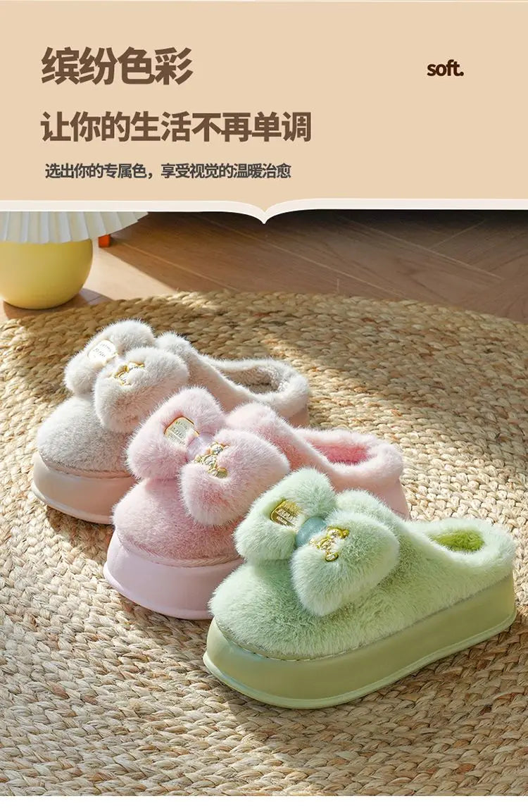 New Pink Bow Slippers Winter Women's Shoes Thick Sole Fuzzy Slippers for Home Mules Shoes Woman Fluffy Metal Bear House Slipper
