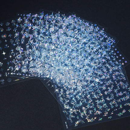 12Pcs 3D Laser Silver Star Ribbon Nail Stickers Y2K Stars Moon Sun Self-Adhesive Slider Exquisite Flower Leaf DIY Manicure Decal
