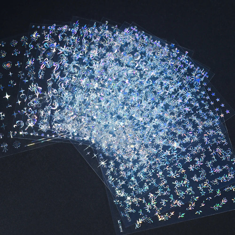 12Pcs 3D Laser Silver Star Ribbon Nail Stickers Y2K Stars Moon Sun Self-Adhesive Slider Exquisite Flower Leaf DIY Manicure Decal