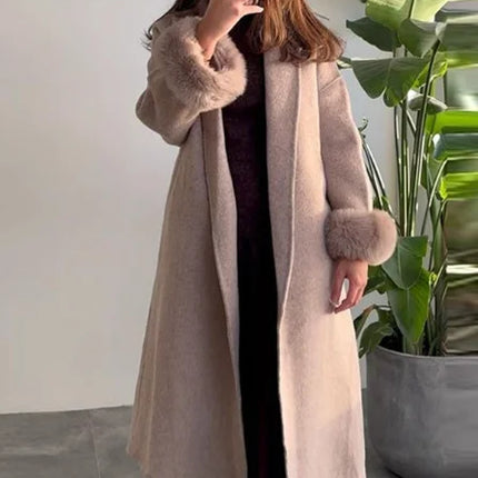 Elegant Lace Up Woolen Short Coat Solid Loose Lapel Furry Long Sleeve Belt Waist Jacket 2026 Spring Autumn Lady Chic Cardigan