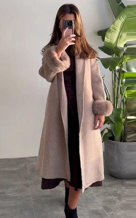 Elegant Lace Up Woolen Short Coat Solid Loose Lapel Furry Long Sleeve Belt Waist Jacket 2026 Spring Autumn Lady Chic Cardigan