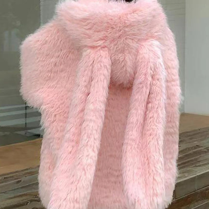 Cute rabbit ear lamb plush coat for women, 2024 autumn and winter new loose and thick hooded sweater, outerwear top