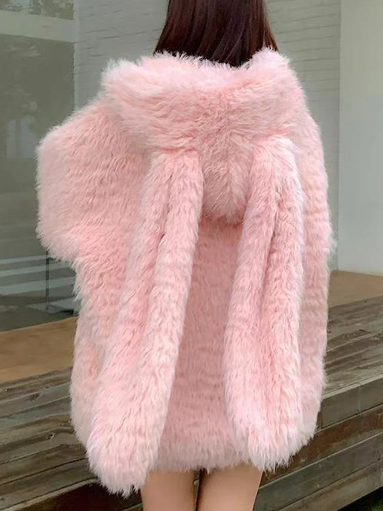 Cute rabbit ear lamb plush coat for women, 2024 autumn and winter new loose and thick hooded sweater, outerwear top