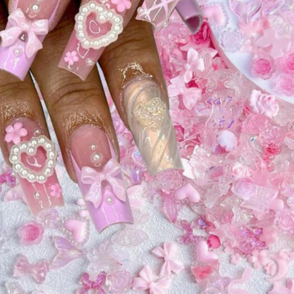 500-600pcs Mixed Aurora Pink Bow/Flower Nail Charms 50g Kwaii Resin Butterfly,Bowknot Y2K Nail Art Decorations DIY Manicure Part