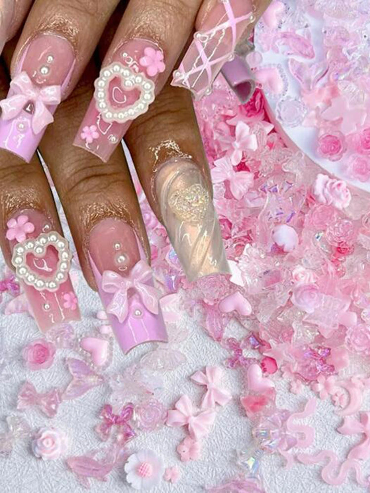 500-600pcs Mixed Aurora Pink Bow/Flower Nail Charms 50g Kwaii Resin Butterfly,Bowknot Y2K Nail Art Decorations DIY Manicure Part