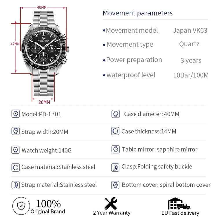 PAGANI DESIGN 2026 Nuovo Orologio da Uomo di Lusso, Orologio al Quarzo con Data Automatica, Cronografo, Vetro Zaffiro AR