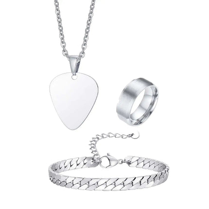 Set di 3 Pezzi: Collana con Ciondolo a Forma di Plettro per Uomo, Bracciale con Catena Cubana Piatta Stile Rock Punk, Set di Gioielli Classici da Uomo, Idea Regalo platinumshop