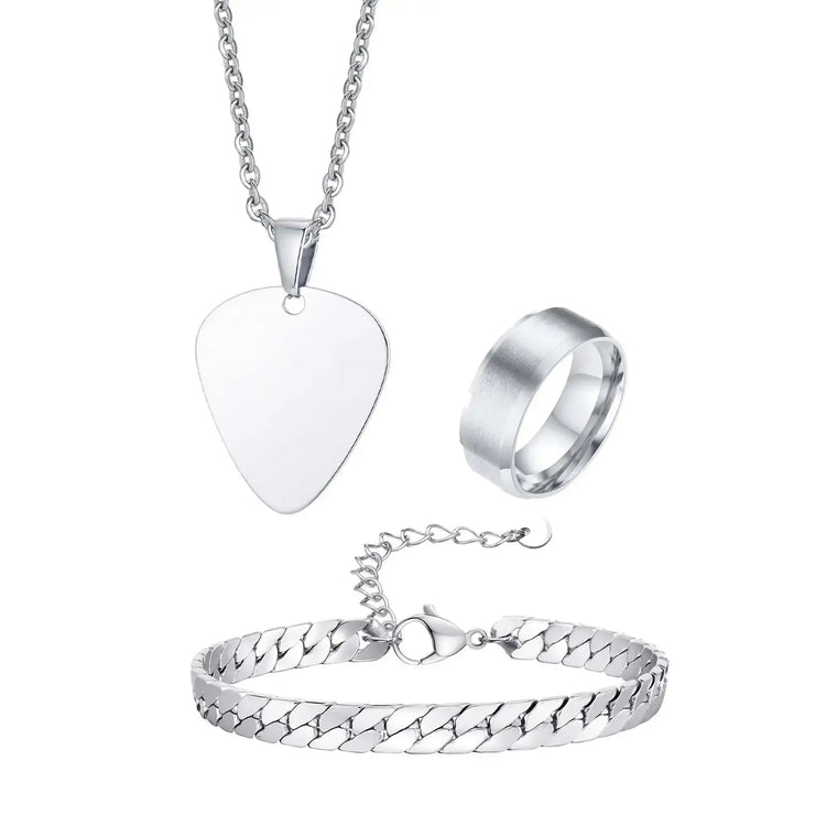 Set di 3 Pezzi: Collana con Ciondolo a Forma di Plettro per Uomo, Bracciale con Catena Cubana Piatta Stile Rock Punk, Set di Gioielli Classici da Uomo, Idea Regalo platinumshop