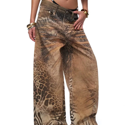 Jeans Larghi da Donna Stile Retrò Americano Y2K 2026 con Stampa Leopardata 3D, Pantaloni a Gamba Larga Vestibilità Comoda