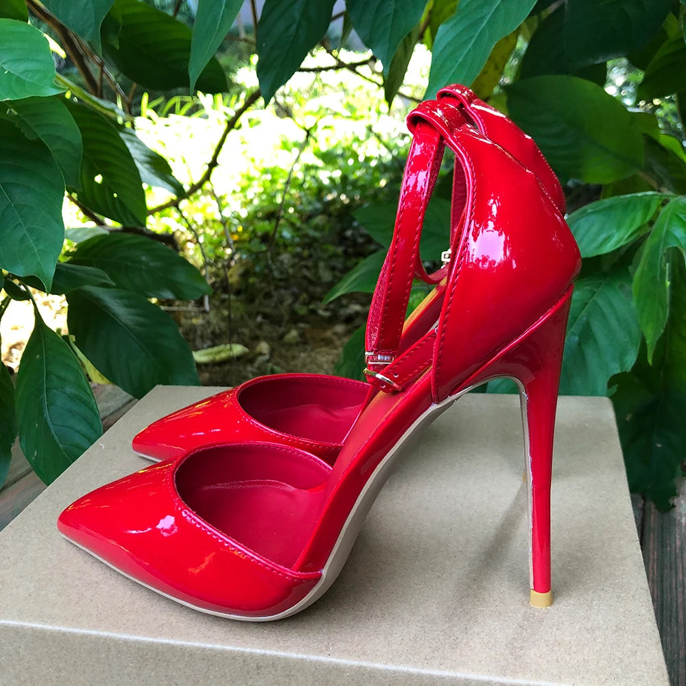 Tikicup Black Patent Pointed-Toe Stiletto Pumps Ankle Strap Elegant High Heel Dress Shoes for Women Evening Events, Office