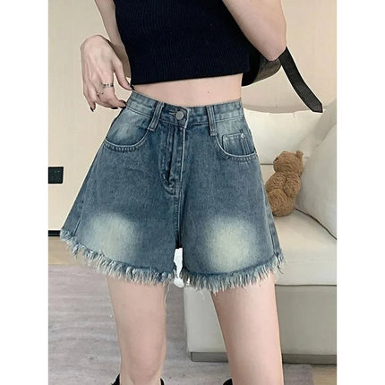 Women's retro vintage high waisted denim shorts thin casual summer with fringed edges slim and spicy A-line wide leg hot pants PlatiNum