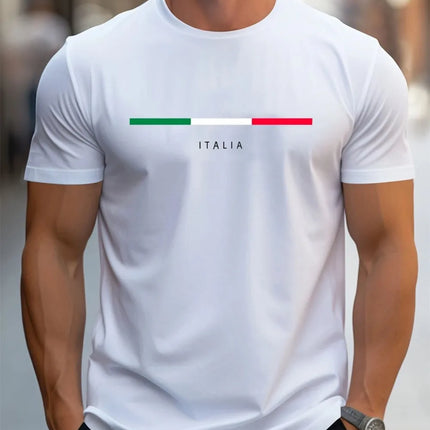Men's Summer Short-Sleeved Sports T-Shirt with ITALY Print, Casual Loose Fashion Round Neck in Polyester Fabric