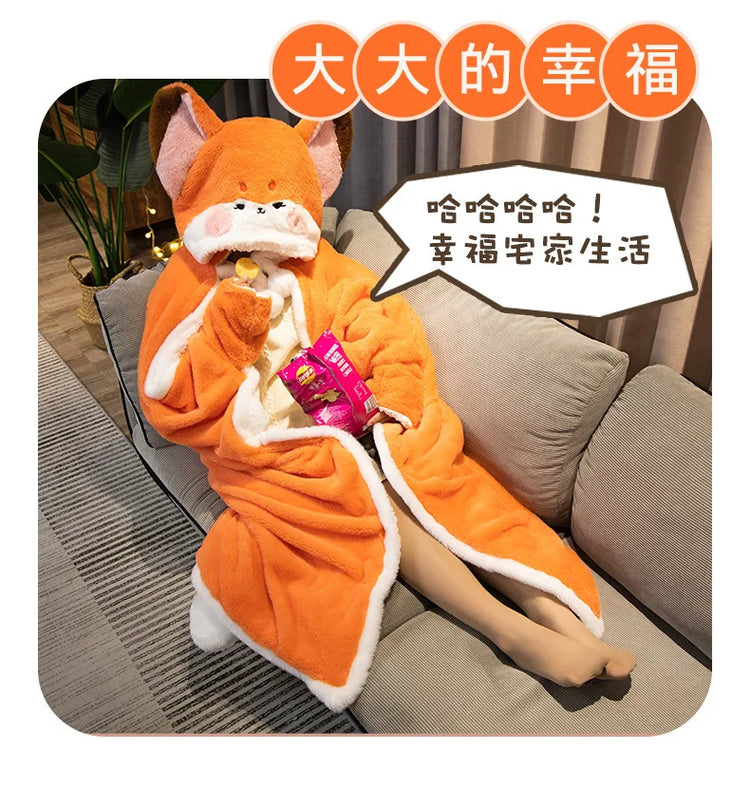 Anime Fox Cloak Fox Cape Cartoon Cloak Coral Fleece Keep Warm Air Blankets Cosplay Costumes Lovely Soft Birthday Valentine Gifts