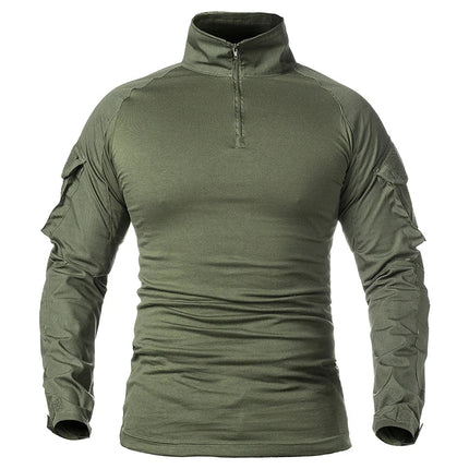 Men's Long Sleeve Combat Shirt 1/4 Zipper Ripstop Cotton Tactical Shirts Navy Blue Camoufalge Airsoft T Shirts PlatiNum