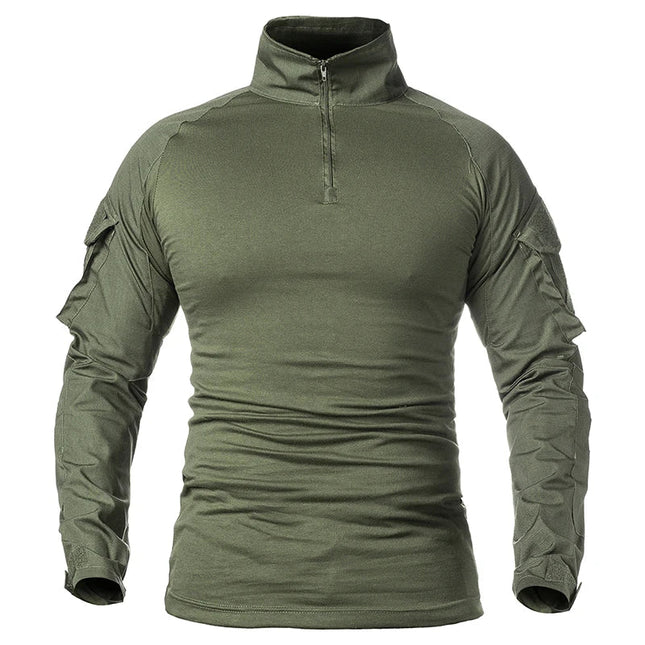 Men's Long Sleeve Combat Shirt 1/4 Zipper Ripstop Cotton Tactical Shirts Navy Blue Camoufalge Airsoft T Shirts PlatiNum