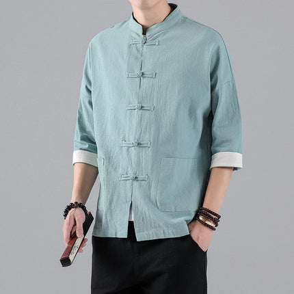 Camicie in Stile Cinese per Uomo, Top Tradizionale Tang in Lino a Mezza Manica, Camicia Kung Fu Hanfu Vintage Casual, Taglie Grandi fino a 5XL