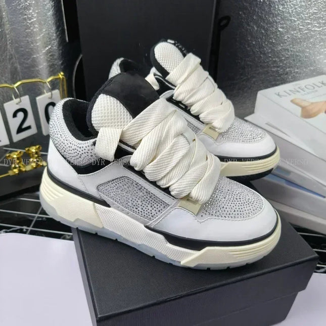 Women Men Fashion Sports Shoes Lace Up Platform Sneakers Top Quality Crystal Studded Casual Shoes Neutral Mixed Color Size 35-46