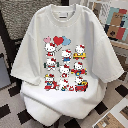 T-shirt in cotone Hello Kitty Kawaii Sanrioed Anime Fashion Top da donna T-shirt estiva casual da strada personalizzata per ragazza dolce - platinumshop
