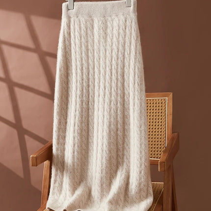 Autumn Winter 100% Cashmere Skirt Women Soild Mid-calf  High Waist Twist Flower Fit Slimming Knitted Dress  Light Luxury Elegant PlatiNum