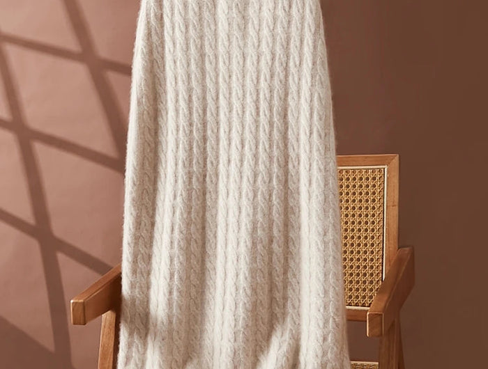 Autumn Winter 100% Cashmere Skirt Women Soild Mid-calf  High Waist Twist Flower Fit Slimming Knitted Dress  Light Luxury Elegant PlatiNum