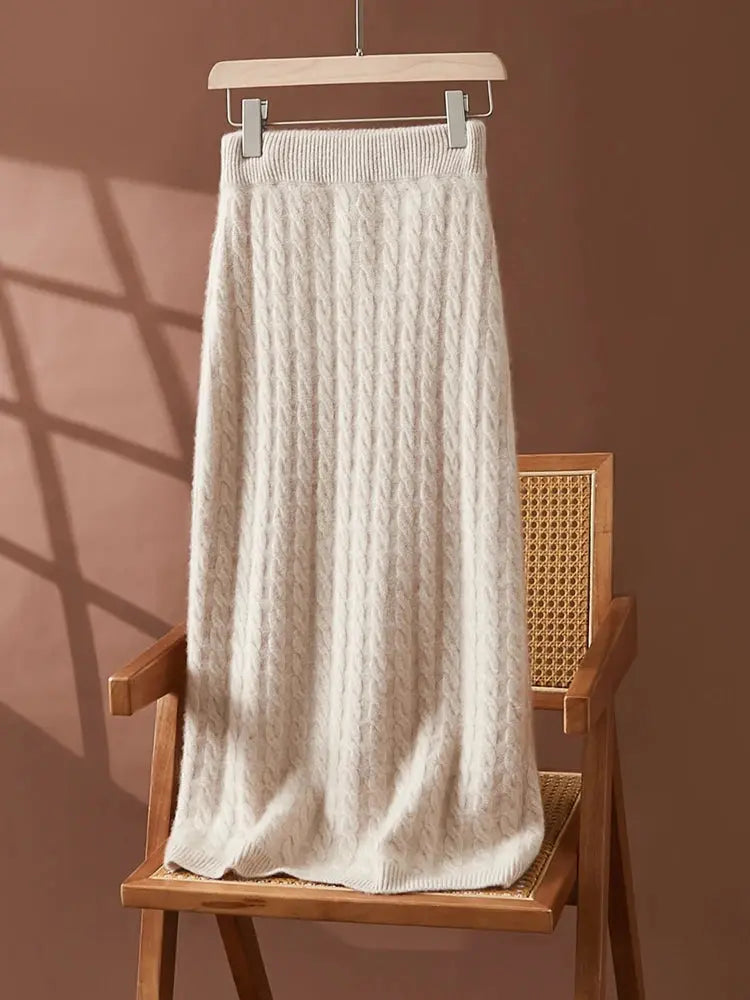 Autumn Winter 100% Cashmere Skirt Women Soild Mid-calf  High Waist Twist Flower Fit Slimming Knitted Dress  Light Luxury Elegant PlatiNum